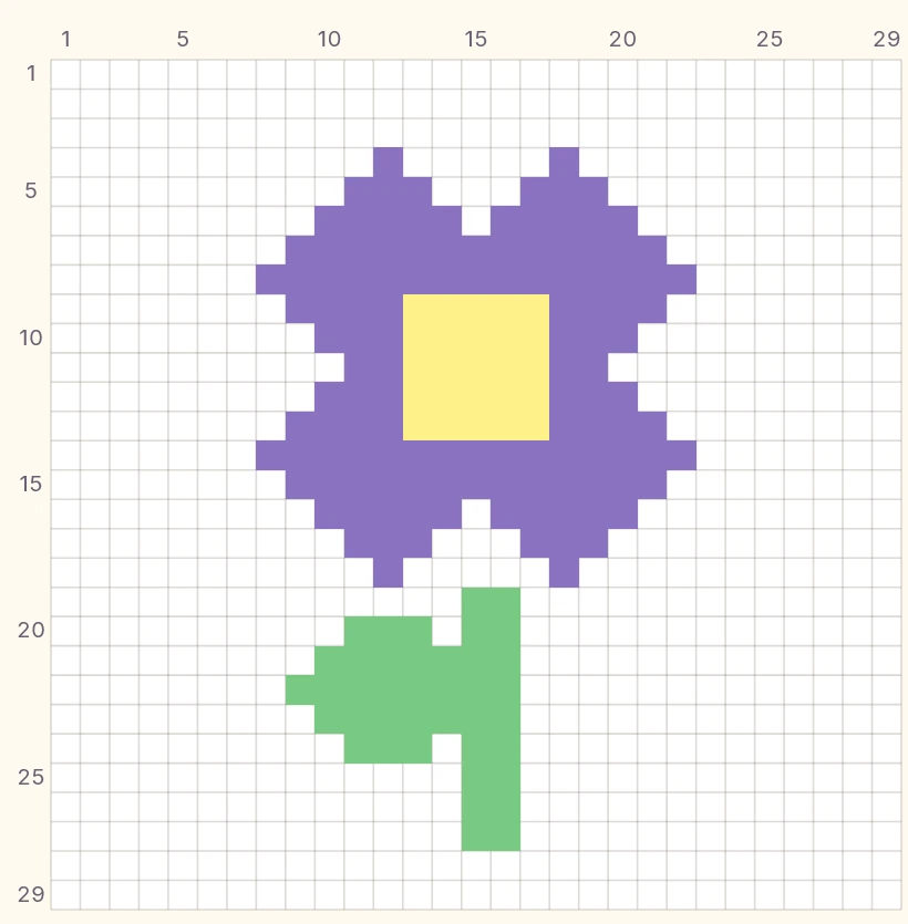 A detail from Pixo’s actual 29 by 29 editor canvas showing a purple flower with a yellow center and green stem.
