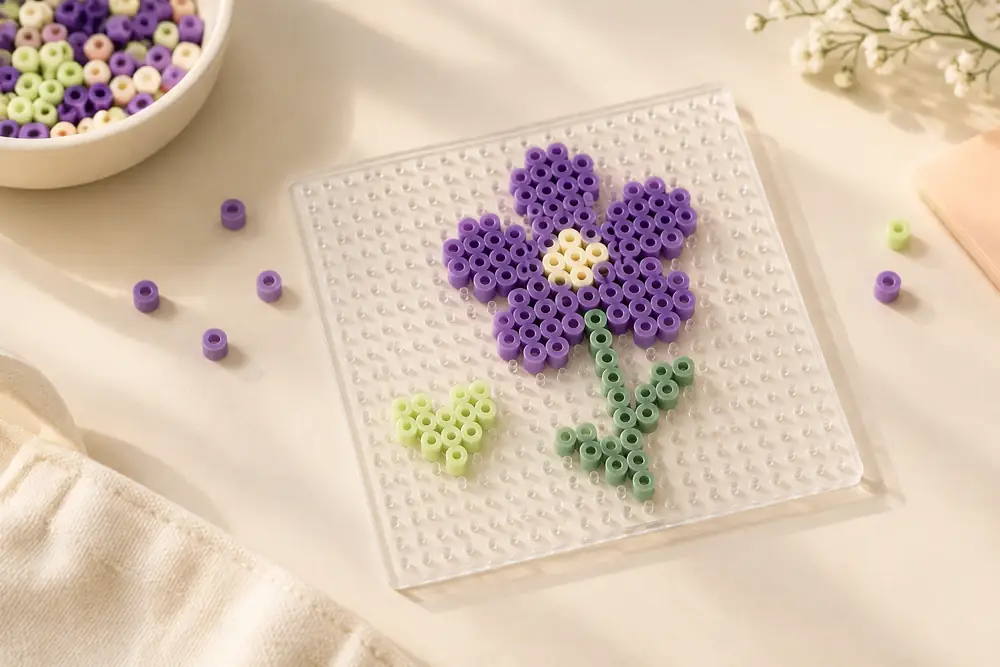 An illustrative craft scene with a purple fuse-bead flower, a small lime heart and loose beads on a cream tabletop.